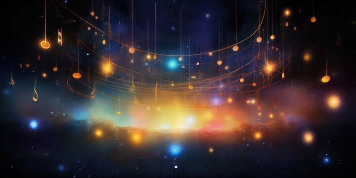 Abstract background image featuring music notes suspended in a cosmic expanse blur background.