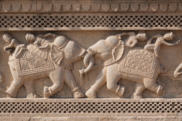 Beautiful carvings and sculptures on the wall of Maheshwar temple, Indore, Madhya Pradesh, India,...