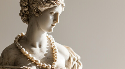 Pearl-adorned necklace adding timeless elegance to a standing statue on white.