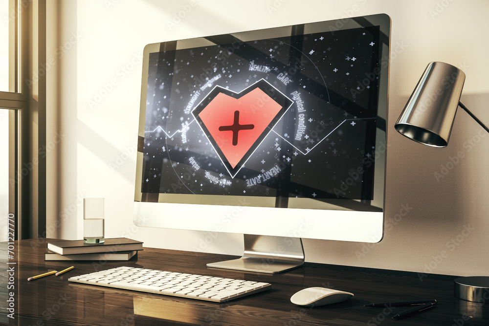 Poster creative abstract heart pulse hologram on modern computer monitor, online medical consulting concept