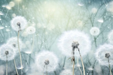 illustration of dandelion time. White Beautiful Dandelion seeds blowing in the wind. The wind inflates a dandelion on blue sky background