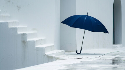 A deep navy umbrella stands out in contrast to the bright white surroundings.