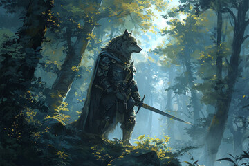 illustration of the forest wolf knight - obrazy, fototapety, plakaty