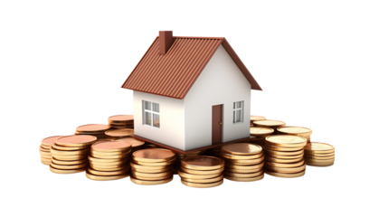 small white home on gold coins, saving money wealth concept, and financial concepts, copy space. with clipping part
