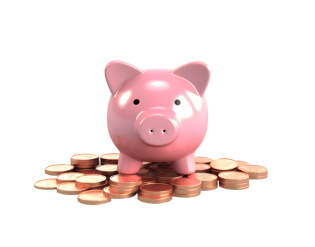pink piggy bank smiling and gold coins, for saving money wealth, and financial concepts, copy space. with clipping part