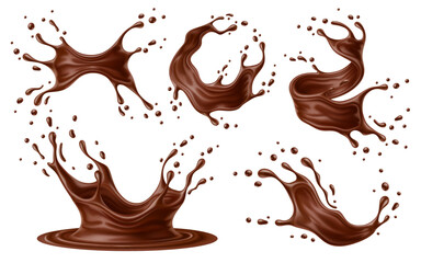 Realistic chocolate milk splash waves with drops, choco drink crowns and swirls, vector splatters. Cocoa drink or choco syrup flow and spill drops with milky chocolate wave and splashing droplets