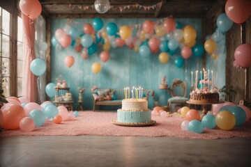 birthday party table decoration, birthday cake for kids, ballons background - obrazy, fototapety, plakaty