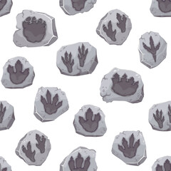 Dinosaur footprint fossils seamless pattern. Dino monsters foot prints vector background. Jurassic animals paw traces silhouettes in cartoon stones, tyrannosaurus, pterodactyl and allosaurus tracks