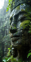 Big stone head statue in a jungle