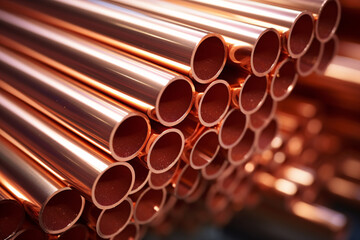 Close up of copper pipes in warehouse. - obrazy, fototapety, plakaty