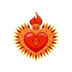Mexican sacred heart with cross cartoon symbol. Christian religion spiritual tattoo or patch, Mexican sacred heart with fire flame, golden cross and spikes apparel isolated vector print or decoration