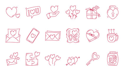 Hand drawn love heart doodle line icon set. Valentine doodle icon collections.