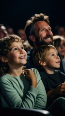 Fototapeta premium A father and his two children captivated by a movie, sharing snacks and experiencing wonder together. Generative AI.