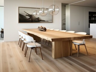Fototapeta na wymiar A modern dining room with wooden floors and white chairs. Generative AI.