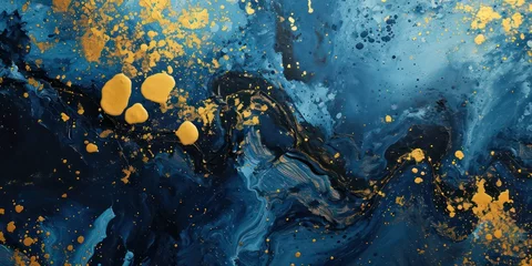 Poster Watercolor paint background dark blue and gold color grunge trendy holographic soft texture. © Fayrin