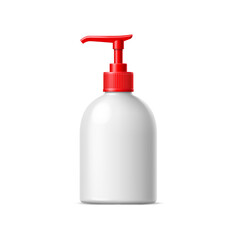 Realistic cleanser, liquid soap bottle and detergent container package mockup. Isolated 3d vector pump pack with red lid and nozzle showcasing its modern design and functionality for packaging liquids