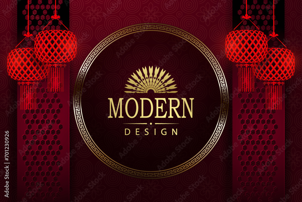 Wall mural texture red composition with round frame, lanterns in paper art style.