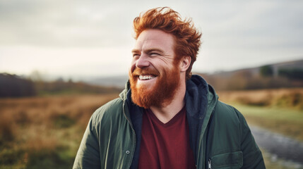 closeup portrait red haired man with beard in park outdoor. pensive attractive redhead ginger guy with on natural background - obrazy, fototapety, plakaty