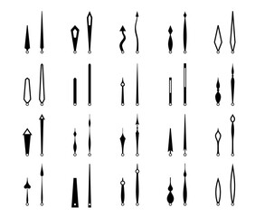 Clock hands, isolated watch arrows and time pointers. Monochrome vector icons set of black watch arrows. Hour and minute hand pairs, essential components of analog clocks in various shapes and sizes - obrazy, fototapety, plakaty