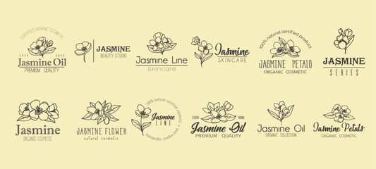 Jasmine flower minimal emblem, natural skin care cosmetics and oil. Vector set of minimalist labels with blossoms, encapsulating purity and nature, symbolizing nature, simple elegance, true beauty