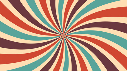 Vintage carnival sunburst rays background. Vector symmetrical pattern, retro sunlight layout, sunbeam burst. Circus backdrop with colorful muted red, blue, brown and beige curve radiating stripes