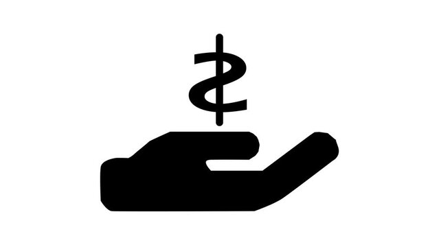 Black silhouette of a hand holding a dollar sign animated on white background.