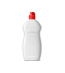 Realistic cleanser, liquid soap bottle and detergent container package mockup. Isolated 3d vector white plastic pack for product presentation and marketing showcasing red cap and blank place for label