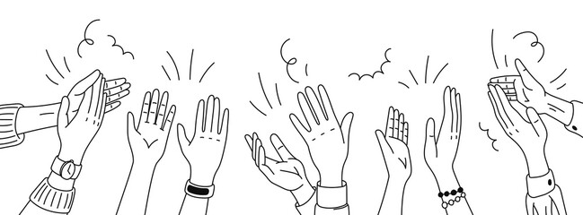 Monochrome doodle applause hands silhouettes, isolated vector linear raised clapping arms in joyous applauding, symbol of appreciation and celebration. An expression of approval and support