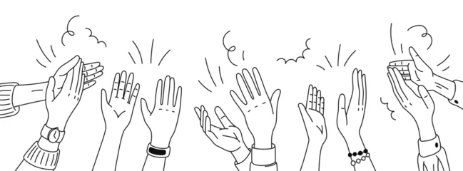 Poster Monochrome doodle applause hands silhouettes, isolated vector linear raised clapping arms in joyous applauding, symbol of appreciation and celebration. An expression of approval and support © Buch&Bee
