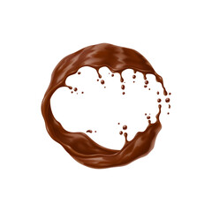 Realistic chocolate yogurt, cream or choco milk drink swirl splash and wave flow. Isolated 3d vector round liquid frame or border. Velvety cocoa forms a mesmerizing circular curl with luscious essence
