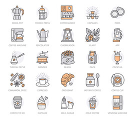 Coffee to go line icon set. Croissant, cupcake, coffeemaker, french press, espresso, turkish, cocktail minimal vector illustration. Simple outline sign for cafe. Orange Color. Editable Stroke
