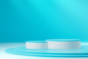 Round turquoise or blue podium stage. 3d vector realistic platform or pedestal mockup for products displaying. Studio background with circular low stand for cosmetics presentation, modern, showcase