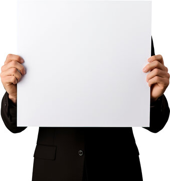 Hand holding white sheet of paper isolated on transparent background. PNG