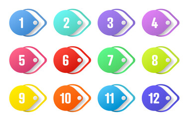 Number bullet points. Color tags, icons and buttons. Isolated 3d vector set of colorful Info markers in shape of drop with realistic shadows, digits from one to twelve. Design elements for infographic - obrazy, fototapety, plakaty