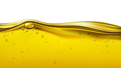 Liquid vegetable oil wave background. Yellow oil engine with drops, Realistic 3d vector cross section of vibrant, organic golden colored oily substance, honey, syrup, gasoline with bubbles or dribs - obrazy, fototapety, plakaty