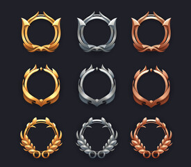 Golden, silver and bronze metal game level rank frames. Vector set of ui round borders for avatars with ornate rims and laurel wreaths. Isolated gui elements for medieval rpg, mmo or app interface - obrazy, fototapety, plakaty