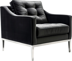 Black leather sofa isolated on transparent background. PNG