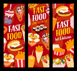 Fast food, desserts and drinks, vector egg burger, hamburger, corn dog, chicken wings and legs. Cartoon fastfood junk meal, popcorn, Hong Kong ice cream, sushi rolls, wok noodles, salad and shawarma