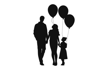 Silhouette of a family with balloons vector isolated on a white background