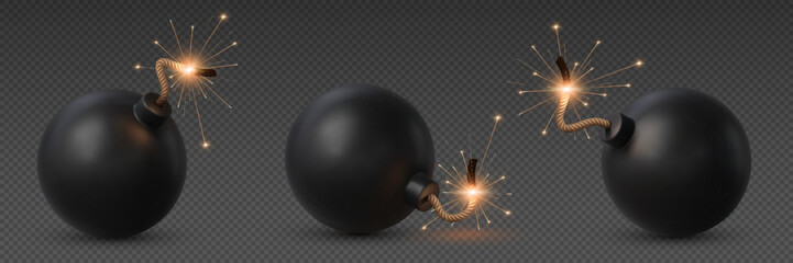 Realistic bomb with burning fuse. Isolated 3d vector explosive military tnt weapon, volatile device that poses imminent danger, set to detonate upon reaching the wick end, causing destruction or harm - obrazy, fototapety, plakaty