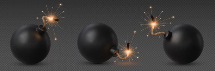 Fotobehang Realistic bomb with burning fuse. Isolated 3d vector explosive military tnt weapon, volatile device that poses imminent danger, set to detonate upon reaching the wick end, causing destruction or harm © Buch&Bee