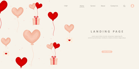 web banner for website home page with heart balloons and flying gifts with love balloon. valentine theme - obrazy, fototapety, plakaty