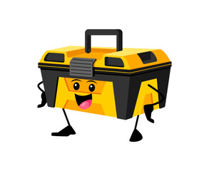 Cartoon funny toolbox diy, building and repair tool character. Isolated vector lively personage with a mischievous smile, radiates playfulness and creativity, ready for creative handyman adventures