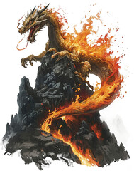 Fire dragon standing on rock isolated on transparent background. PNG