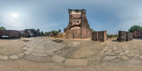 full spherical hdri 360 panorama near stone abandoned ruined tower of portugese church in old goa...