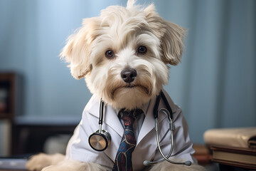Cute funny dog doctor wearing doctor uniform and stethoscope in veterinary clinic. Medical care and veterinary banner. Pet health care concept. Generative ai.