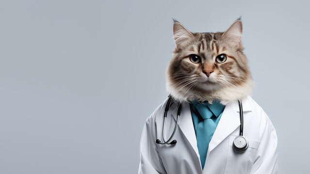 Cute funny cat doctor wearing doctor uniform and stethoscope on gray background. Medical care and veterinary banner. Pet health care concept. Copy space. Generative ai.