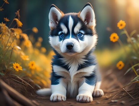 Husky Welpe mit blauen Augen auf einer Blumenwiese