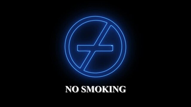 Neon glowing blue no smoking sign with prohibition symbol animated on a dark background.