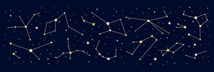 Galaxy star constellation border with zodiac signs in night sky map, vector background. Mystic astrology, astrological horoscope, esoteric and space planetary astronomy border with stars constellation - obrazy, fototapety, plakaty